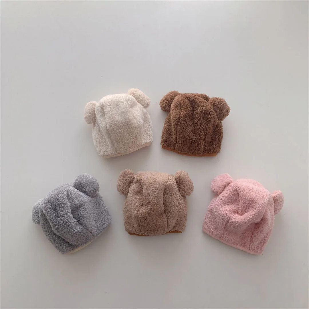 Plush Baby Bear Hat Solid Color Winter Warm Kids Beanie 2023 Korea Style Newborn Hat Beanies Baby Photoshoot Props