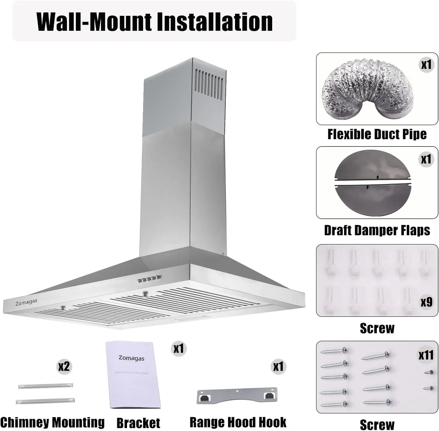 Tieasy Afzuigkap Muurbevestiging 24 Inch 450 Cfm Ducted/Ductless ZMG-0160B