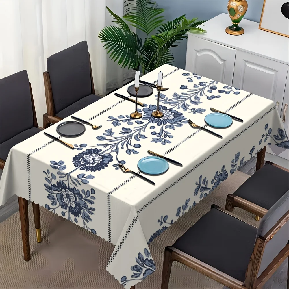 JIT, 1pc elegant blue printed rectangular tablecloth with fan-shaped edges made of polyester fiber
