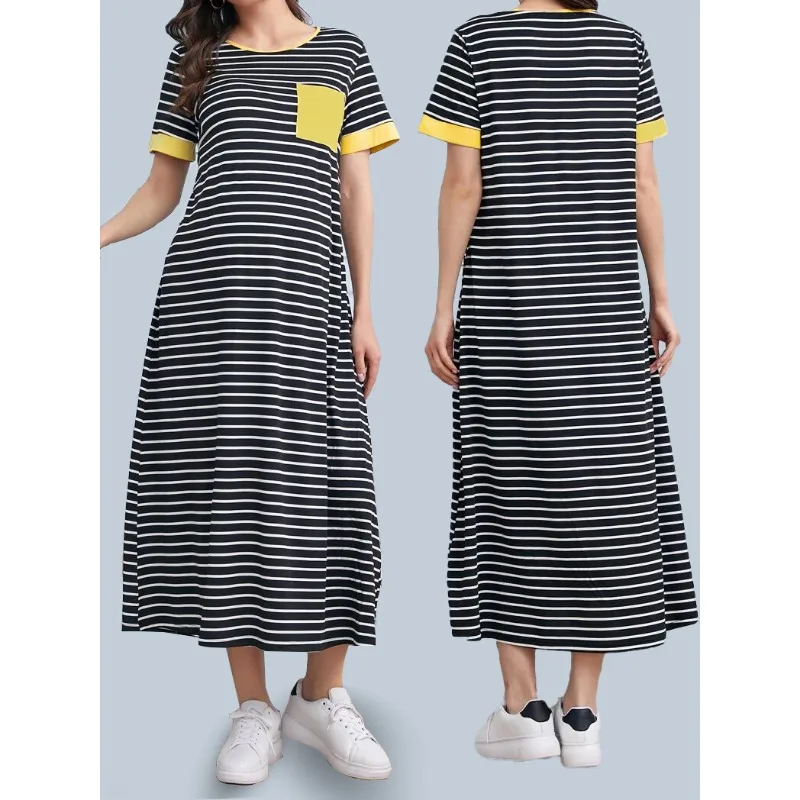 

Strip Print Pregnancy Dress Summer Maternity Dress Women O-neck Short Sleeve Nursing Dress Causal Daily Maternity Clothes