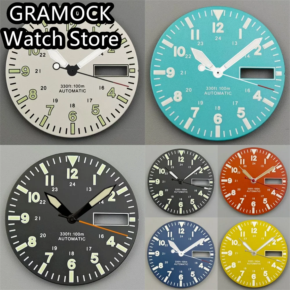 GRAMOCK 29mm Watch Dial Dual Date Calendar Window Dial With Hands Set Green Luminous Fits NH36A Movement Men's Watch Parts