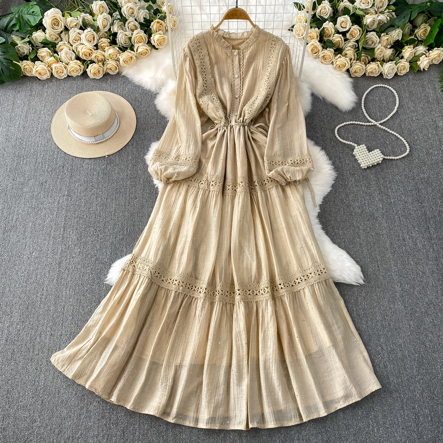 シックなヴィンテージシャーリングドローストリングレースエレガントな妖精韓国ファッションボヘミアンビーチ女性服ロングドレス