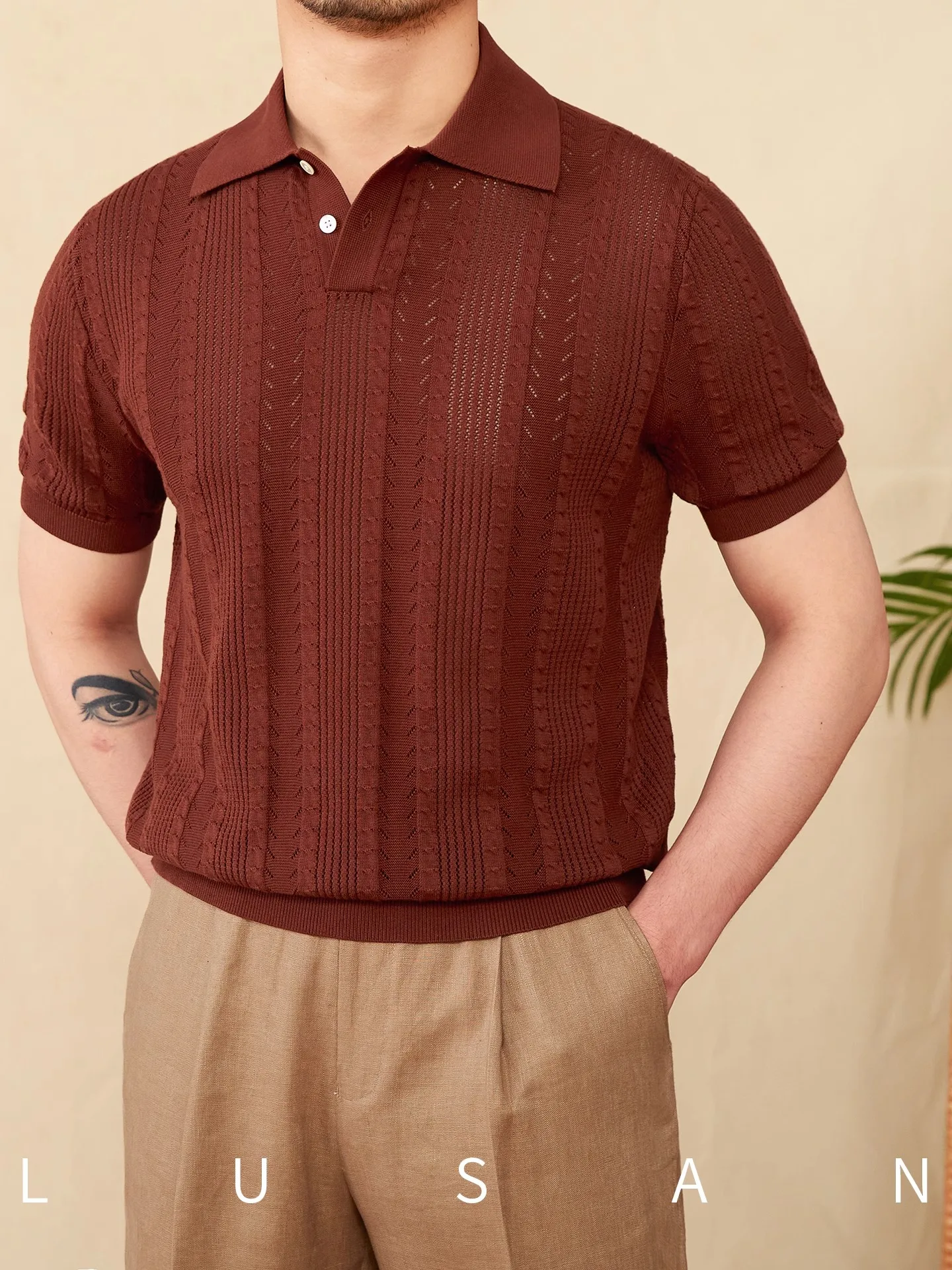 

Men's Pure Cotton Knitted Polo T-Shirt Summer Short Sleeve Slim Fit Casual Retro Lace Lapel Cool Breathable Top