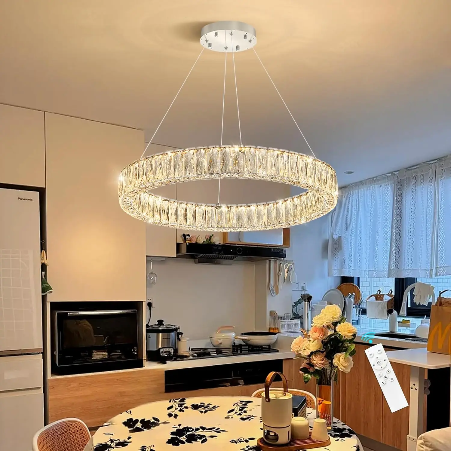 

Современная хрустальная люстра с регулируемой яркостью, светодиодные кольцевые подвесные светильники, регулируемые люстры в стиле гламур для столовой и гостиной