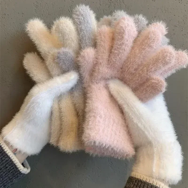 Guanti da donna a cinque dita in velluto visone invernale: peluche caldo a prova di freddo per ciclismo all'aperto tinta unita
