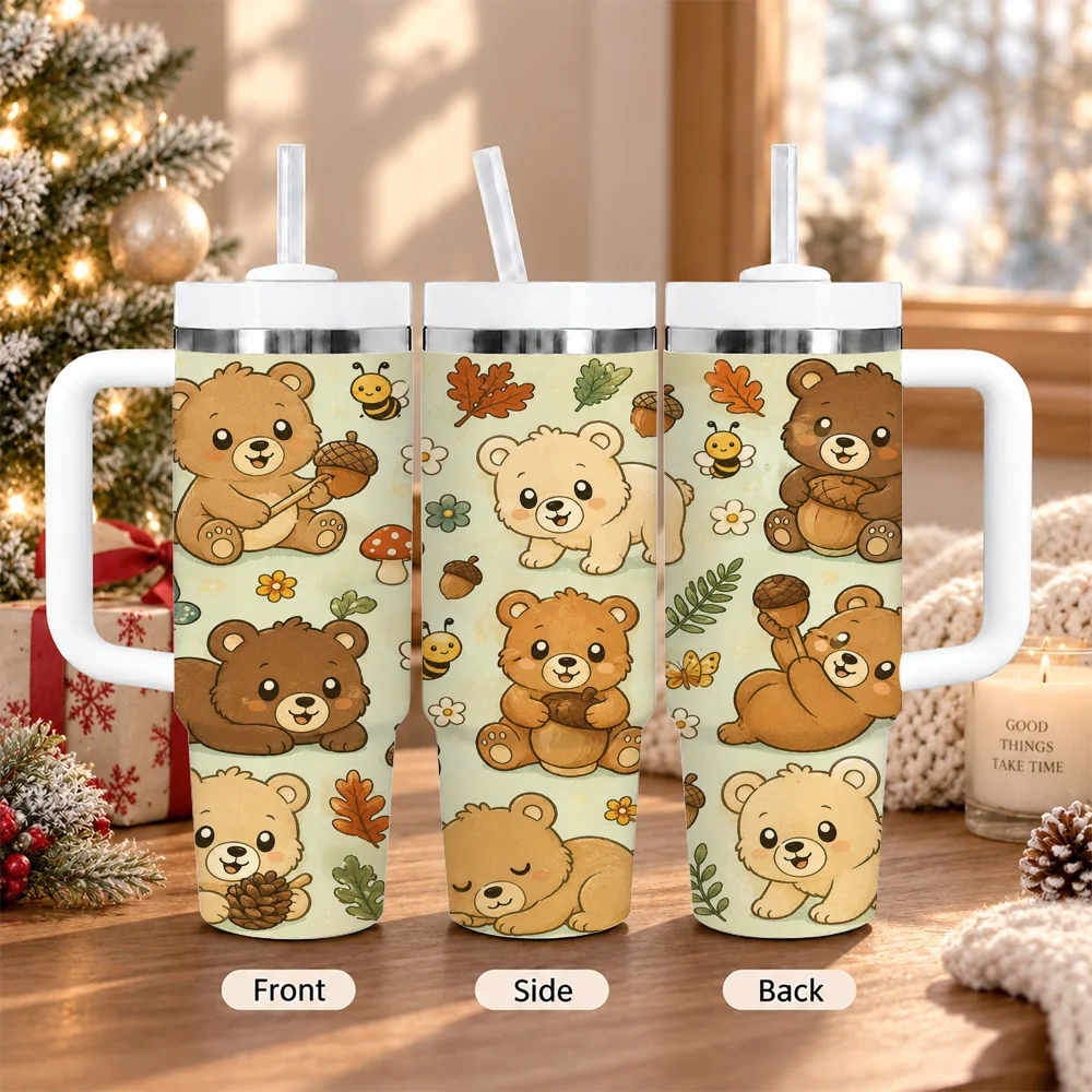Cute Bear Acorn Bee Mushroom Autumn 40oz Tumbler with Handle Straw Stainless Steel Insulated Travel Mug Water Cup Vacuum Flasks