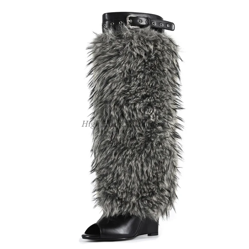 الفراء الأسود اللمحة تو أسافين كعب الجلود حذاء برقبة للركبة المرأة مثير كبيرة الحجم لينة أحذية طويلة الفاخرة مصمم 2025 جديد في الأحذية #6