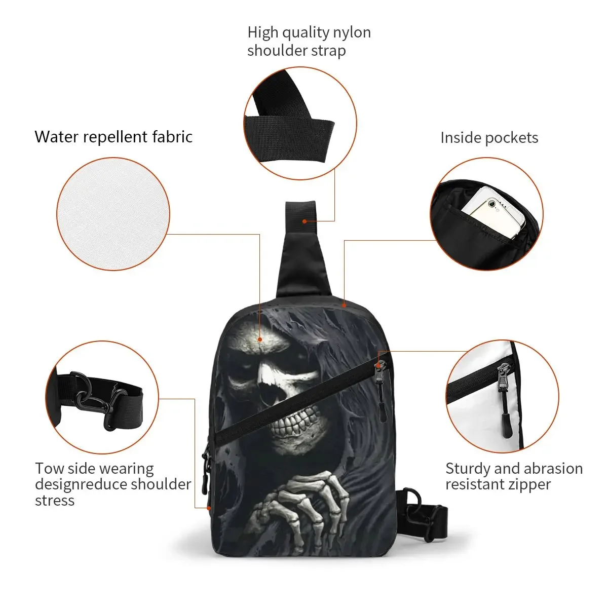 Horror Gothic Grimm Reaper Sling Chest Bag Custom Death Skull Skeleton Crossbody Shoulder Backpack for Men Travel Hiking Daypack