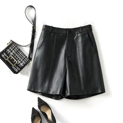 Sheepskin Shorts for Women Casual Loose High Waist Straight Short Pants 2024 Fashion Coffee Black Female Split Leather Shorts