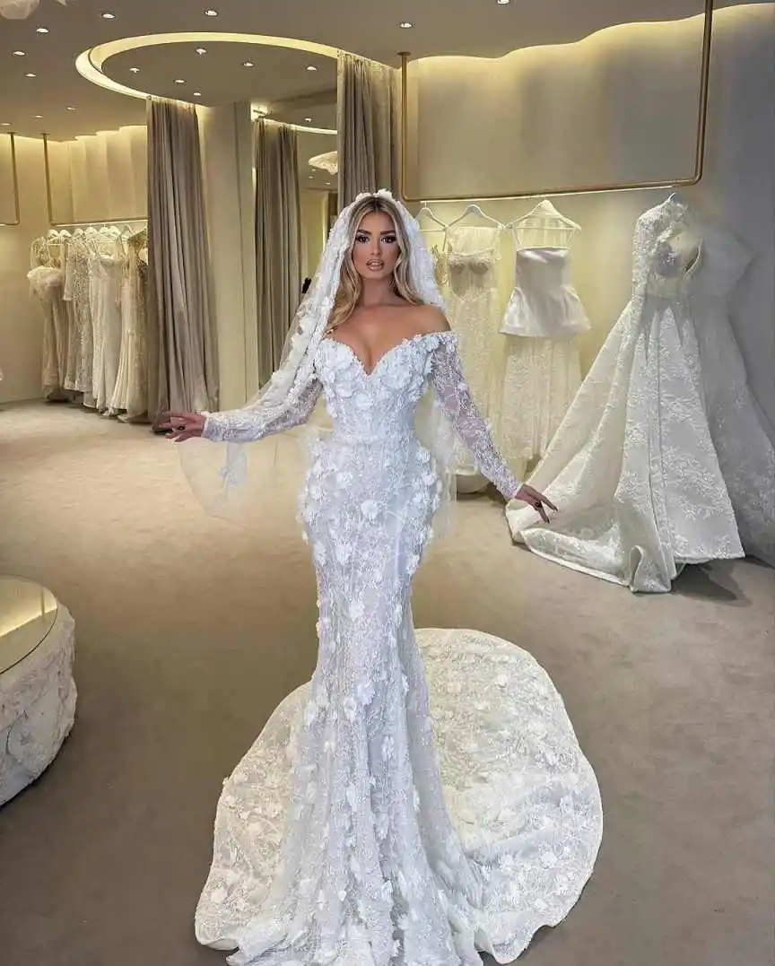 Gorgeous Mermaid Wedding Dress V Neck 3D Flowers Appliques Ruffled Bride Dress Customized Bridal Gowns
