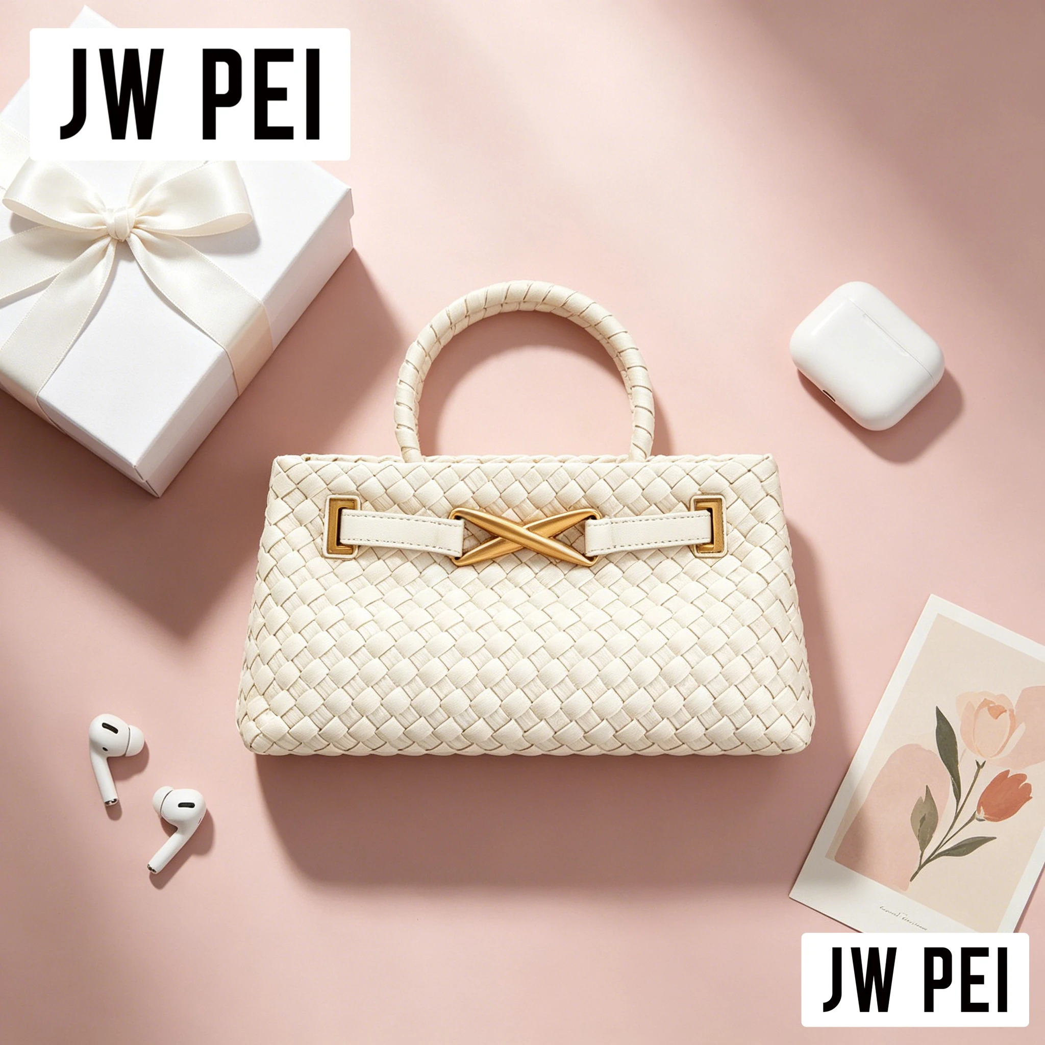 Soft Woven PU Leather JW PEI Rectangular Top Handle Bag Women Gold Twist Buckle Minimalist Luxury Hand Purse