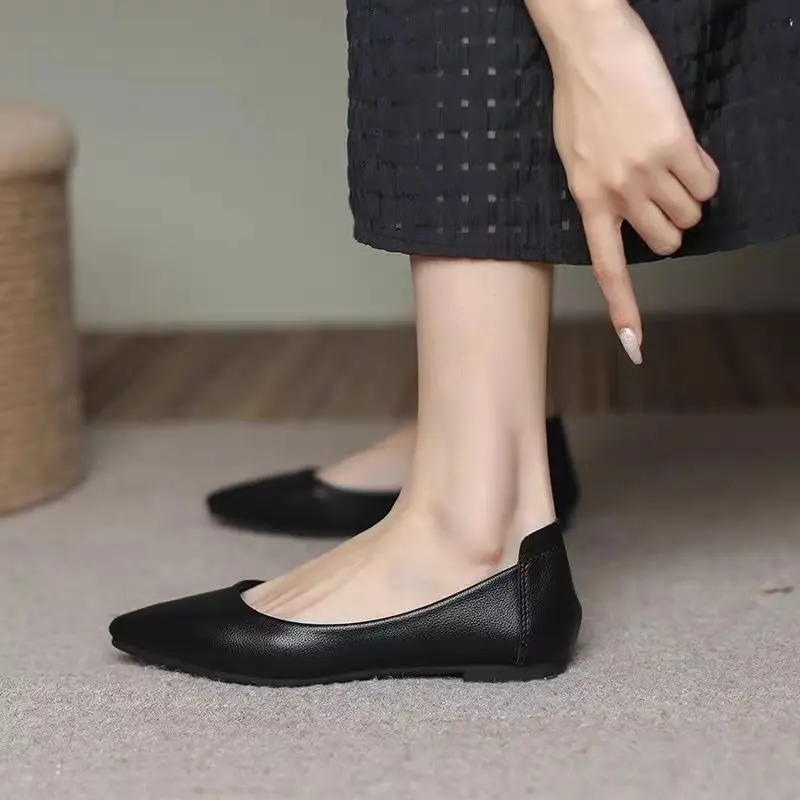 Luxury Leather Casual Black Formal Women\'s Summer Footwear Pointed Toe Shoes For Woman 2025 Moccasins Office Flats Flat Y2k