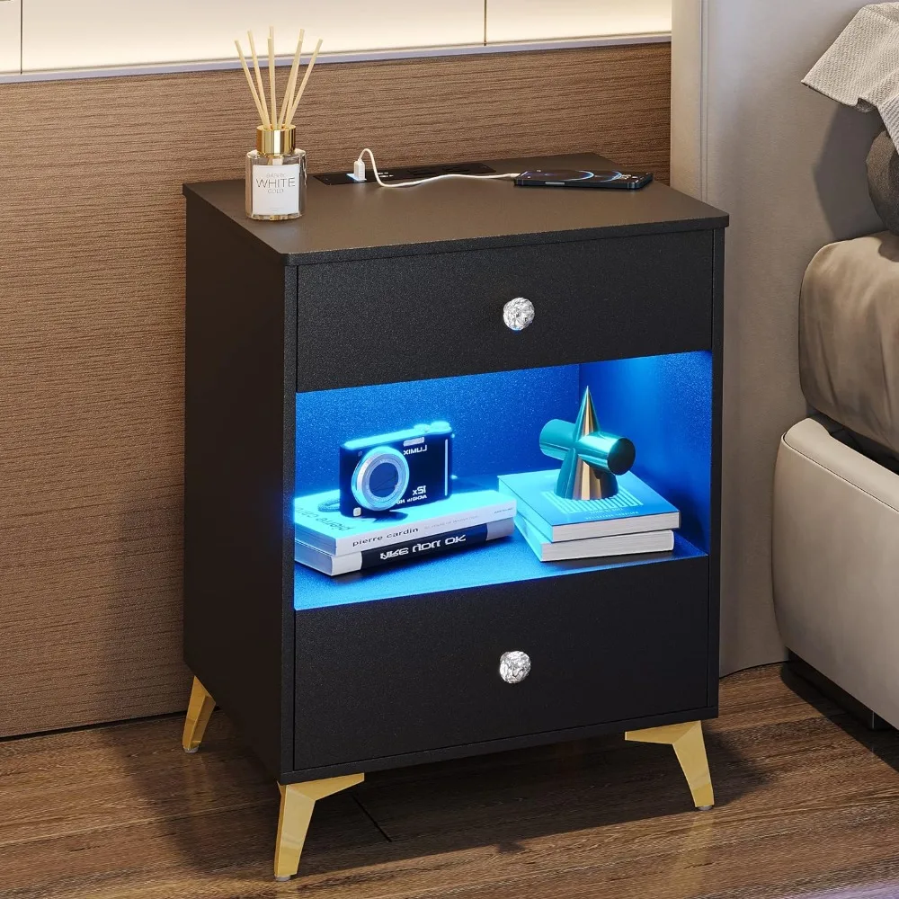 

LED Nightstand with Charging Station, USB Port & Socket, Smart Bedroom Nightstand, Modern Bedside Table, Tall Night Stand,