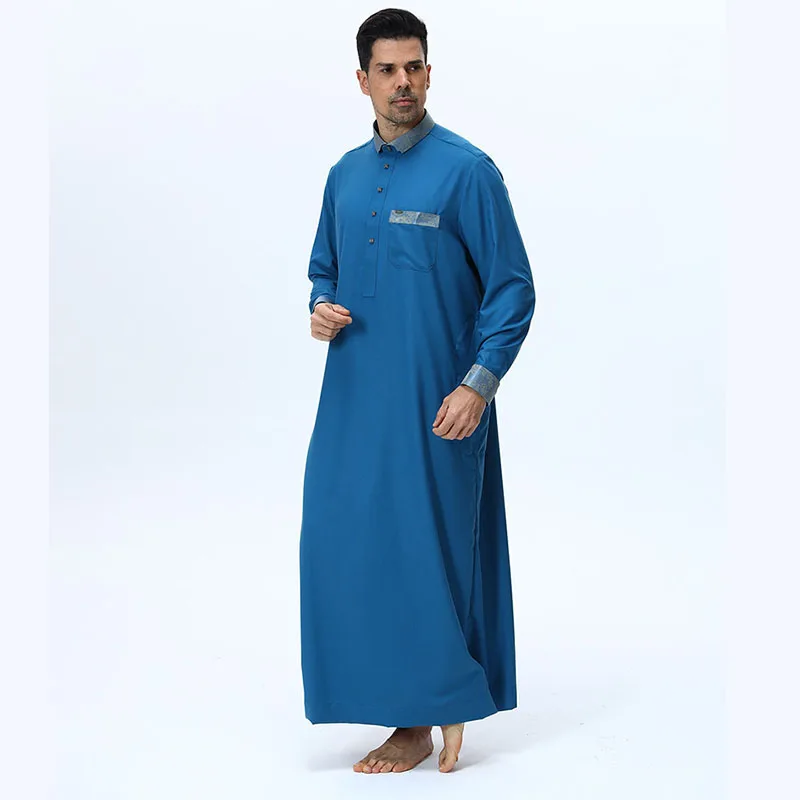 Vestaglie musulmane da uomo Medio Oriente Arabo Abbigliamento islamico Risvolto ricamato di fascia alta Jubba Thobe Tinta unita Abiti lunghi larghi