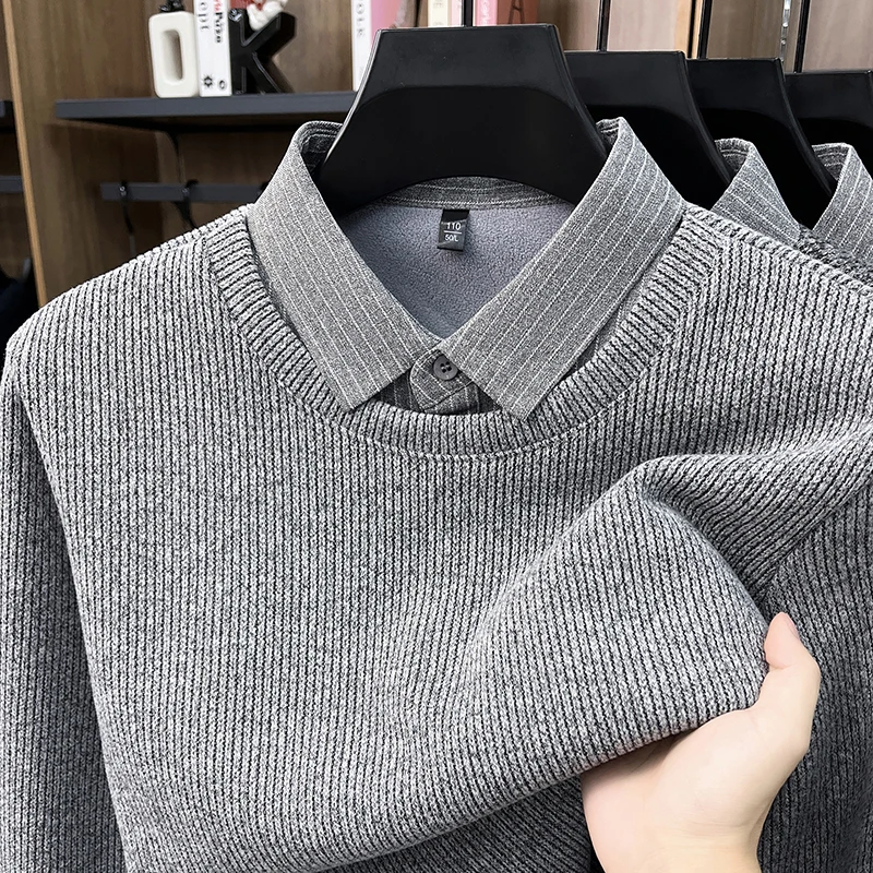 Luxury knitted fake two piece men's sweater autumn winter comfort warm casual new fashion unique striped shirt collar pullover