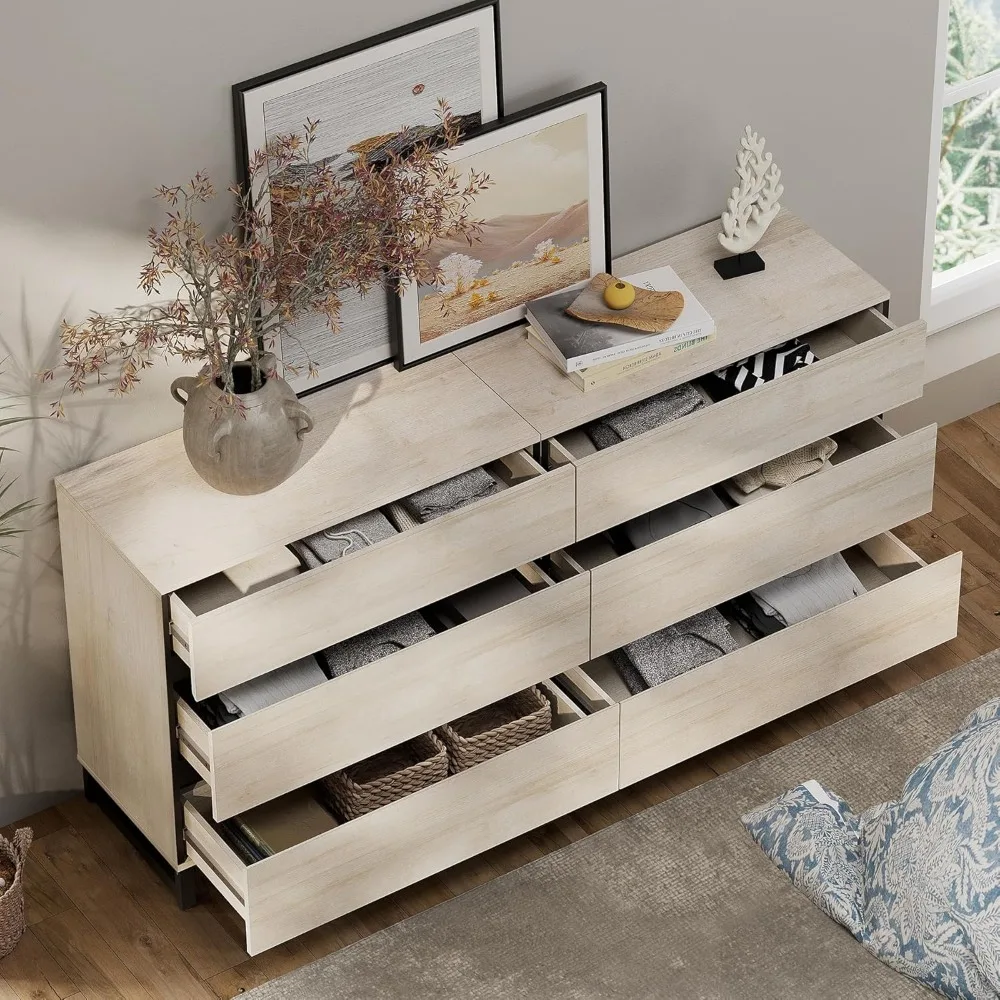 طقم خزانة ومنضدة مكون من 3 قطع، خزانة مقاس 63 بوصة مع 6 أدراج، ومنضدة مع درج وخزانة لغرفة النوم وغرفة النوم