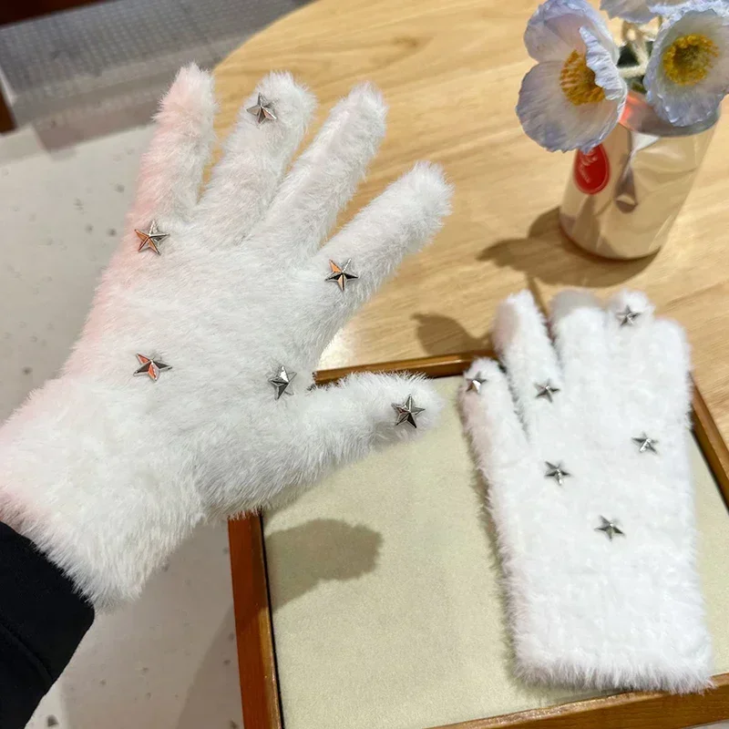 Korea Punk Star Studded Imitation Mink Fur Gloves Women Winter Fullfinger Gloves Lolita Warm Touch Screen Mittens Plush Gloves