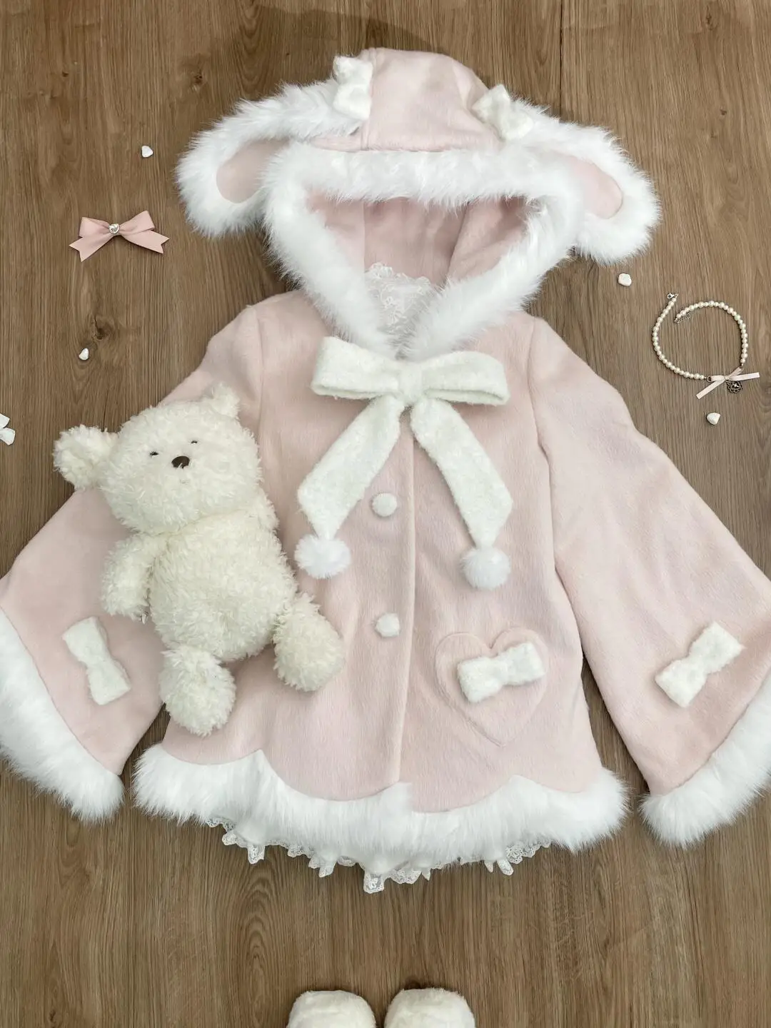 Japanese Sweet Cute Pink Hooded Coat Winter New Trendy Kawaii Loose Jacket Women Warm Bow Button Design Coat 2024 Chic Clothes