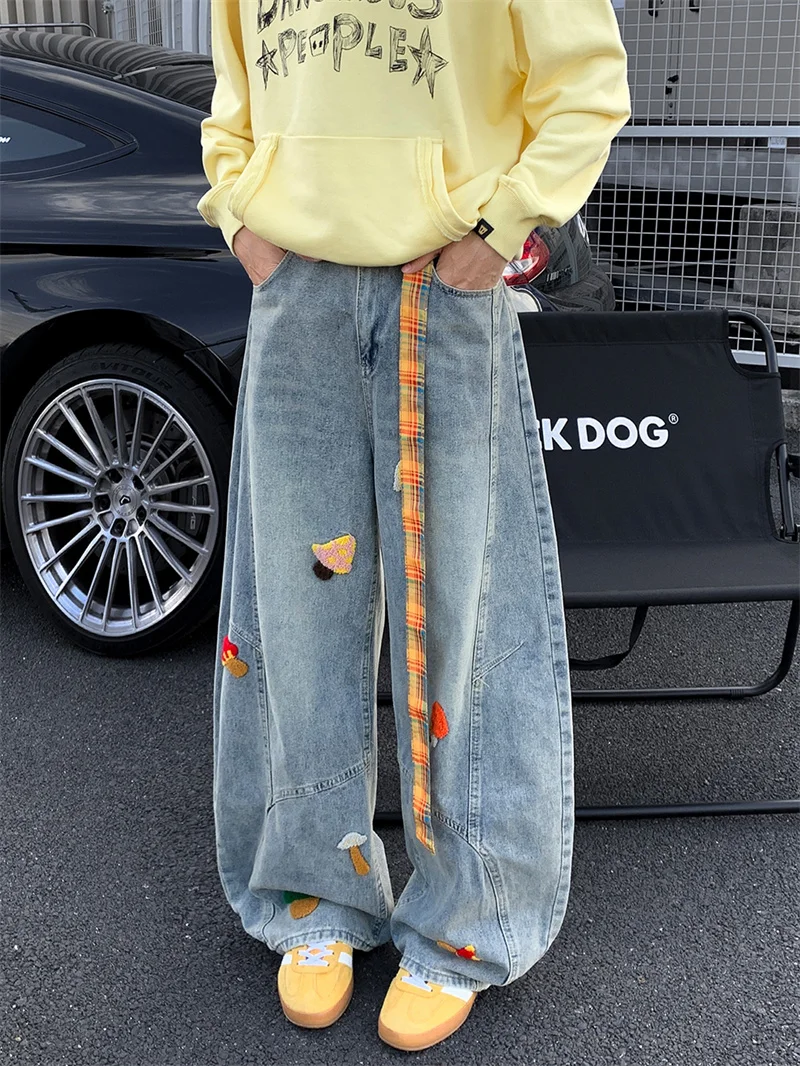 

Washed Vintage Cartoon Towel Embroidered Men's Winter Straight Leg Loose Wide Leg Jeans American High Street Style