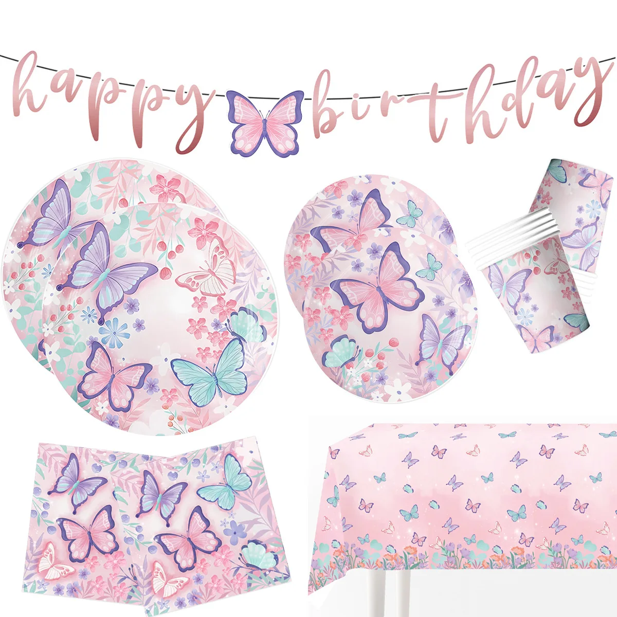 Rosa Lila Schmetterling Einweggeschirr Serviette Schmetterling Geburtstag Party Dekor Mädchen Baby Dusche Taufe Geschlecht offenbaren Zubehör