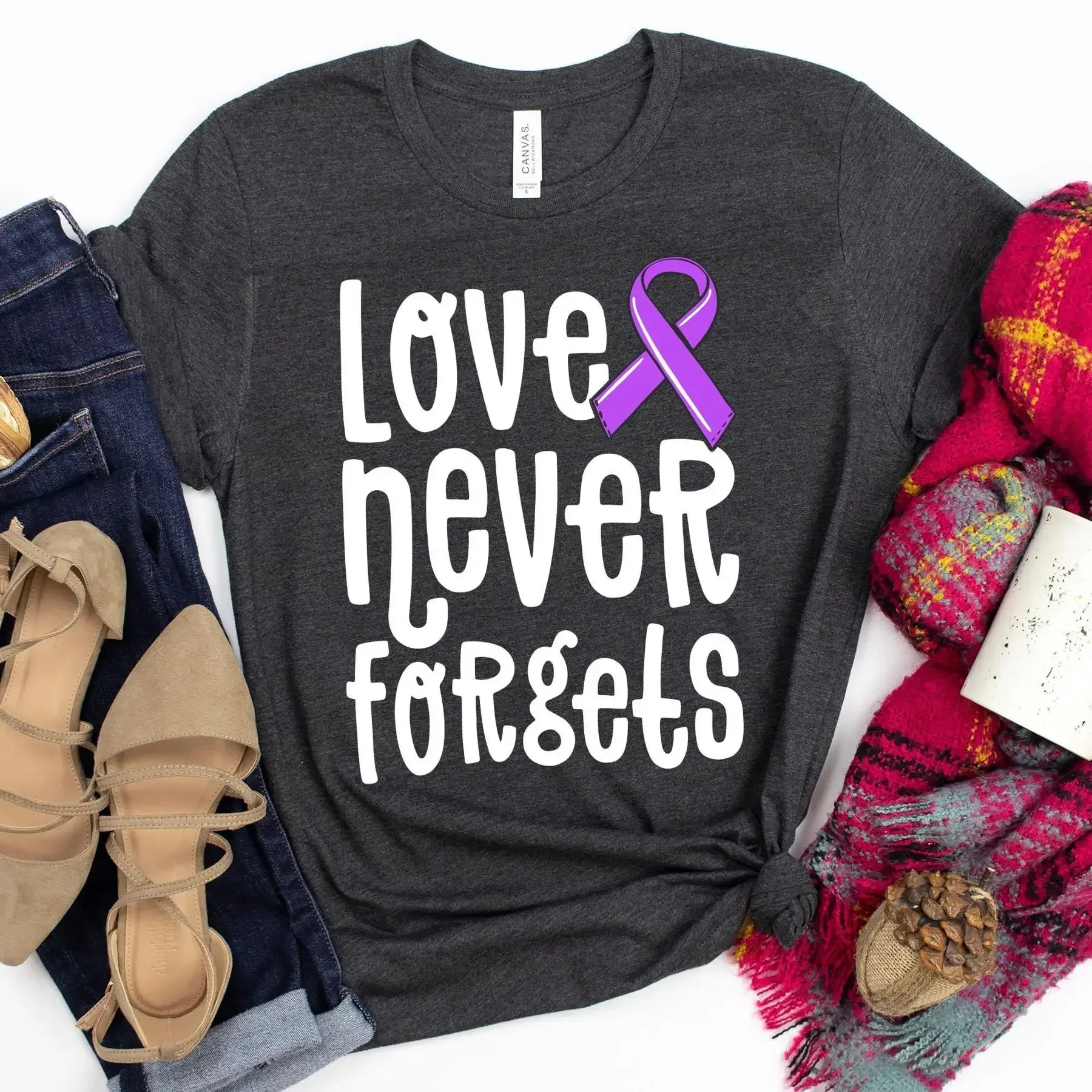 Love Never Forgets T Shirt Alzheimers Purple Ribbon Alzheimer s Disease Leukemia Awareness