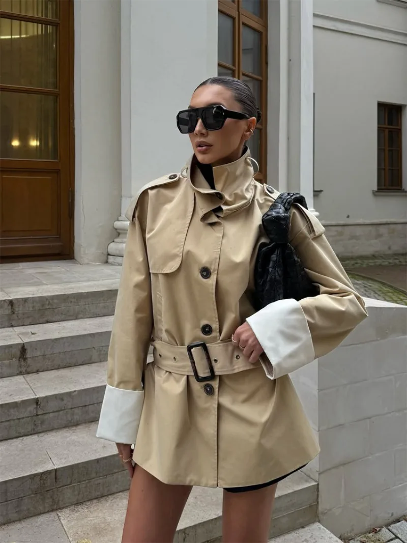 

FL Women Chic Stand Collar Double-breasted Belted Waist Cropped Coat Shoulder Epaulets 2026 Autumn Daily Casual Street Outerwear