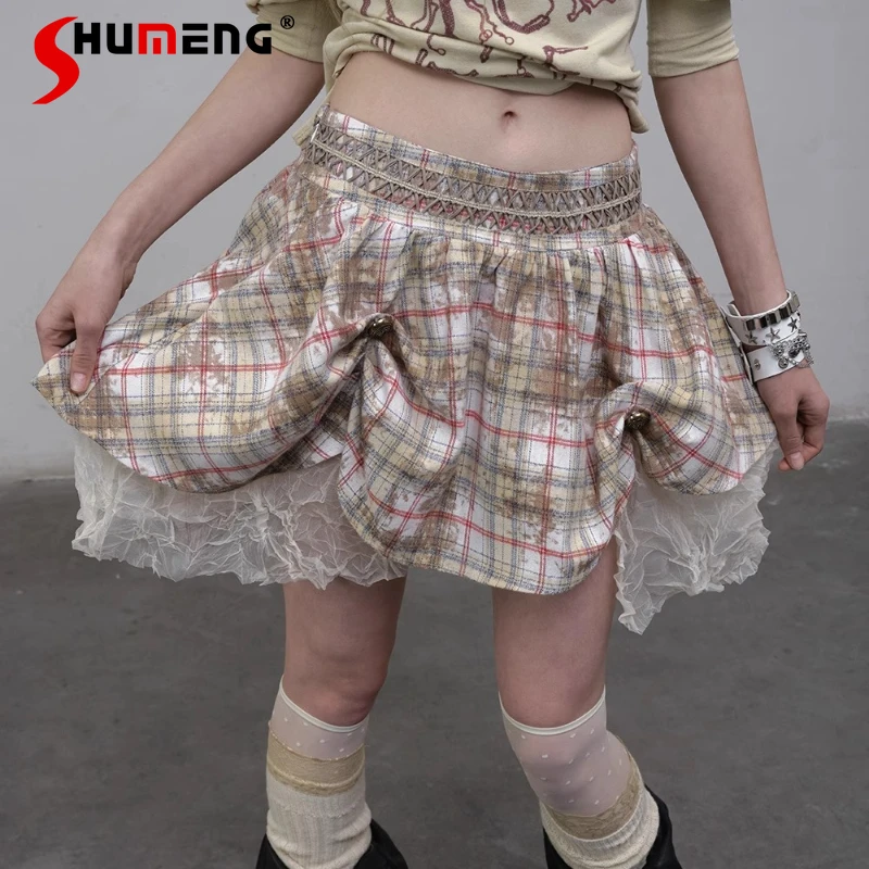 

Women's Clothing Daily Wear Short Skirts Original Design Retro Punk Court Ancient College Style Irregular Plaid Puffy Skirt Girl