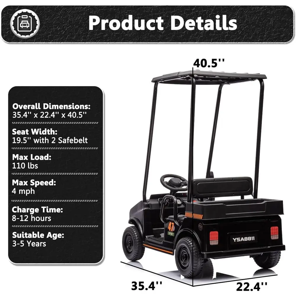 รถกอล์ฟเด็ก 12V 7AH สำหรับเด็กชายและเด็กหญิง ของเล่นขับขี่ใช้แบตเตอรี่ พร้อมรีโมทคอนโทรลสำหรับผู้ปกครอง รถกอล์ฟ 2 ที่นั่ง