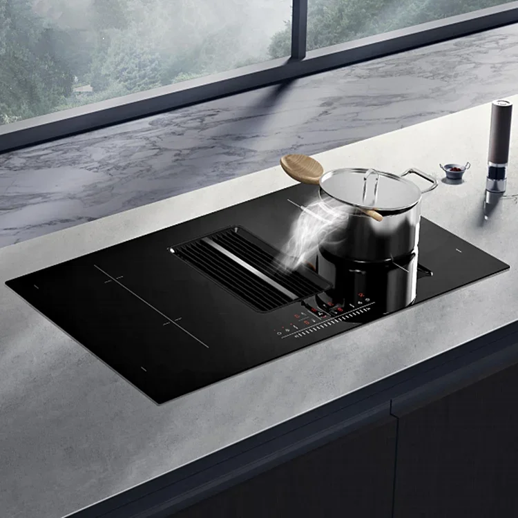 Built-in Tempered Glass Flow In Hood Downdraft Range Hood With Induction Cooker