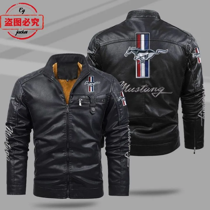 Ford Mustang sports car LOGO jacket windproof winter plus velvet warm men's pu leather solid color Mustang racing jacket