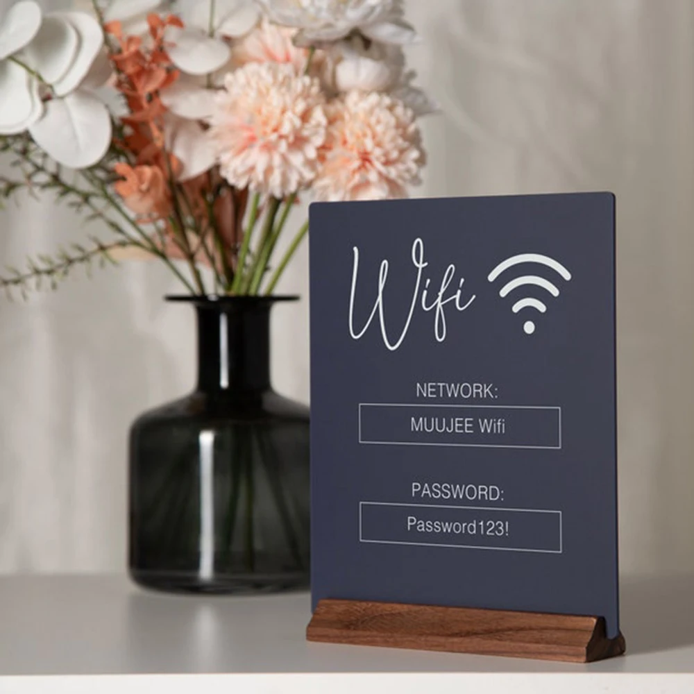 Custom WiFi QR Code Acrylic Table Sign with Wood Base Scannable to Connect Internet Signage for Home Airbnb Salon Spa Business