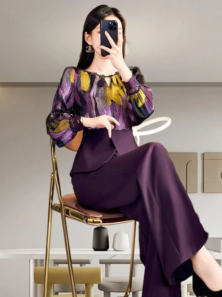 High End Temperament High-end Casual Fashion Design Sense Goddess Style Splicing Top Wide Leg Pants Two-piece Set