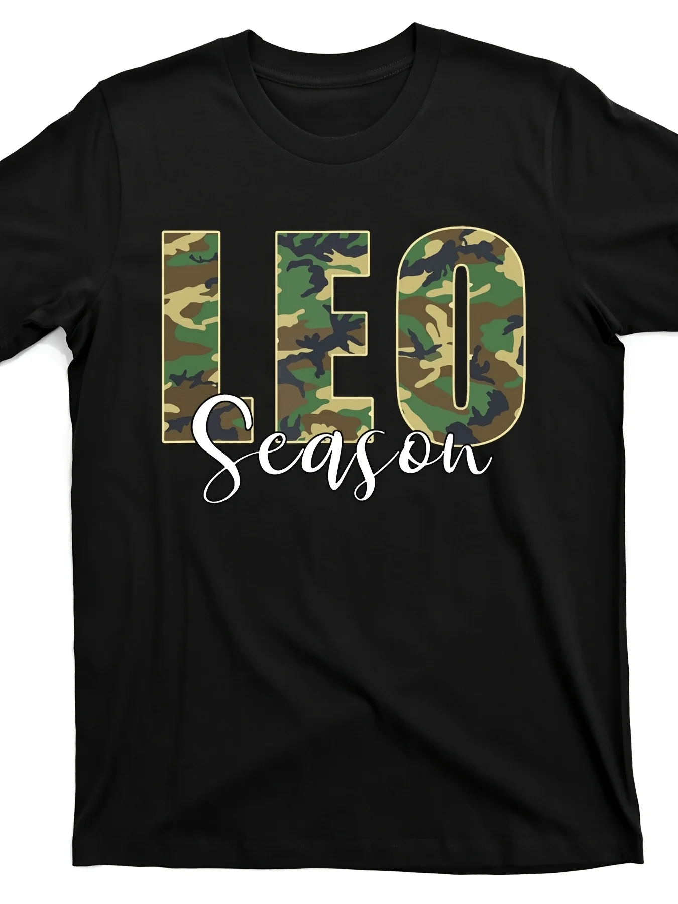 

Men's Leo Season Zodiac Camo Graphic T-Shirt Retro Streetwear Style 100% Cotton Regular Fit Short Sleeve Tee with Bold Astrology