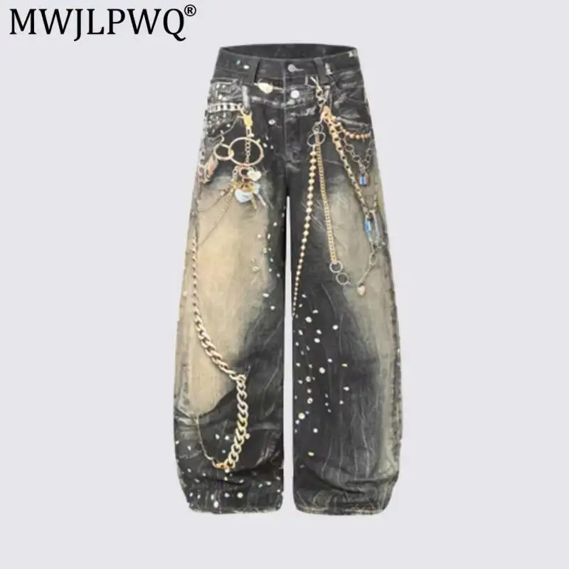 MWJLPWQ Y2K Punk Style Chain Splatter-Dye Jeans Heavy Washed Distressed Loose Wide-Leg Pants High Street Tide Autumn Jeans 20019