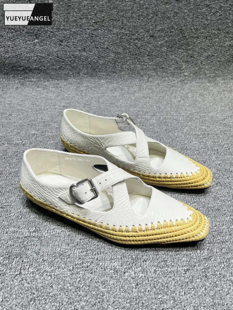 Spring Fashion Ladies Genuine Leather Comfortable Versatile Square Head Buckle Strap Solid Color Grass Woven Base Heel Sandals