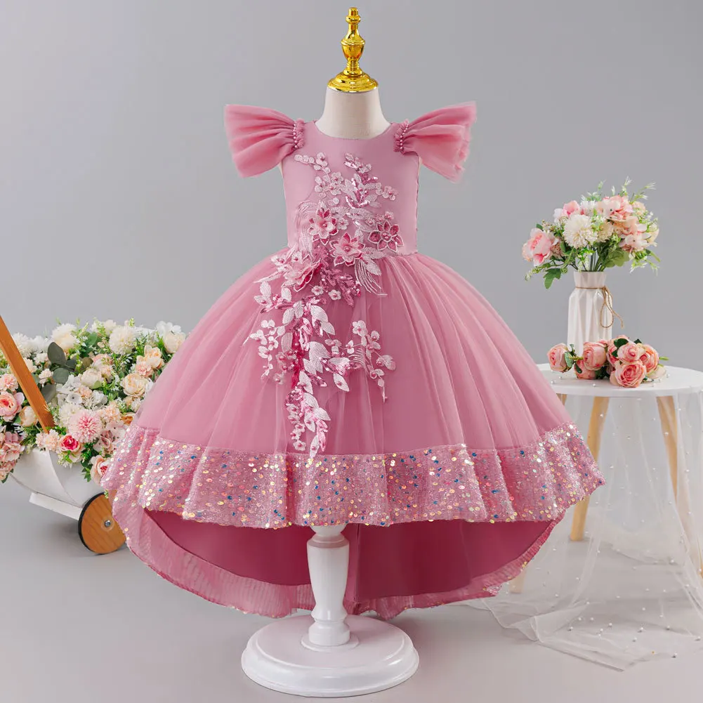 4-12 Years Old Girls Princess Dress Children's Wedding Flower Girl Mesh Sequin Tail Dress Baby Birthday Party Piano Performance
