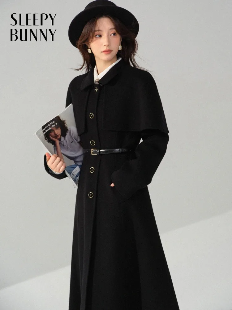 

Vintage Wool Cape Coat for Women Elegant Double-Faced Overcoat Warm Slimming Long Jacket Winter Fashion Outfit for Daily Wear