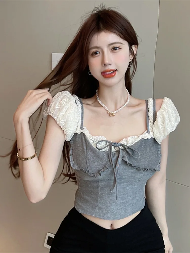

Fashionable Lace Trim Shoulder Bubblesleeve Top Summer New Style Fake Two-Piece Stylish Shirt Korean Version Waist-Cinching K...