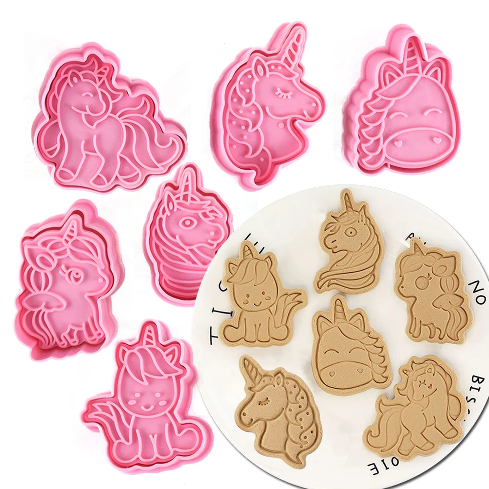 Unicorn Cookies Cutters Plastic Cartoon Pressable Biscuit Mold Confectionery Cookie Stamp Kitchen Baking Pastry Tools