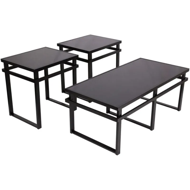 Laney Contemporary 3-Piece Table Set, Includes Coffee Table and 2 End Tables, Black Glass