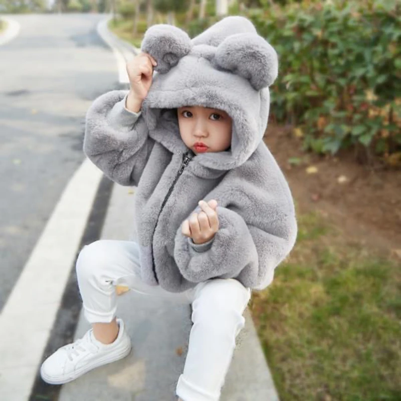 Cute Bear Plush Baby Boys Jacket New Autumn Winter Warm Faux Fur Coat For Girls Hooded Snowsuit Children Ouertwear Clothing 0-6Y