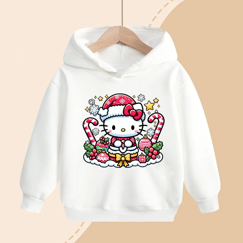 Bluzy z kapturem dla dzieci Sanrio Hello Kitty, z nadrukiem świątecznym, swetry dla dziewczynek, ciepłe i wygodne na zimę, prezenty dla dzieci.