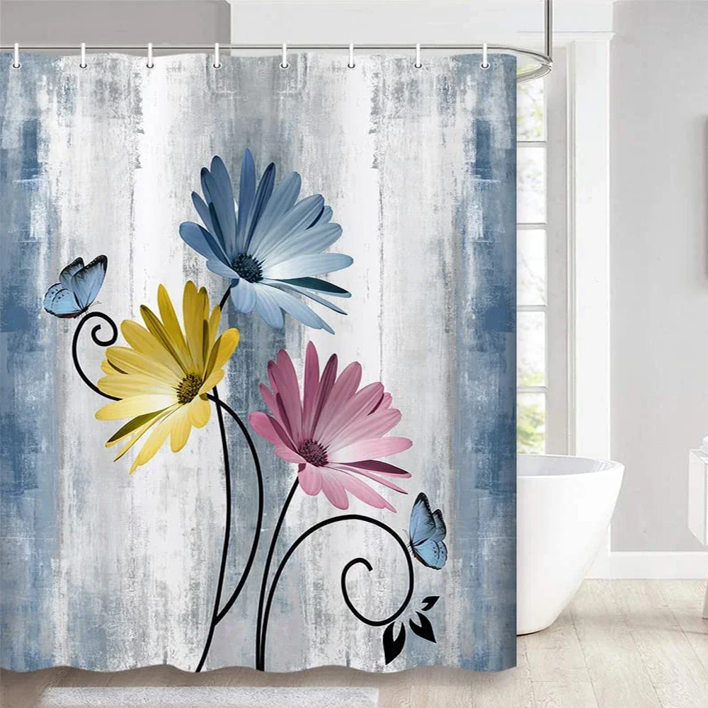 Teal Large Daisy Floral and Butterfly Shower Curtain Turquoise Bathroom Curtain Waterproof Bathroom Decoration With Hooks