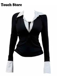 Women Old Money Vintage Fake Two Pieces Shirts Long Sleeve 2000s Aesthetic Design Blouses Gyaru Coquette Striped Crop Top Y2K