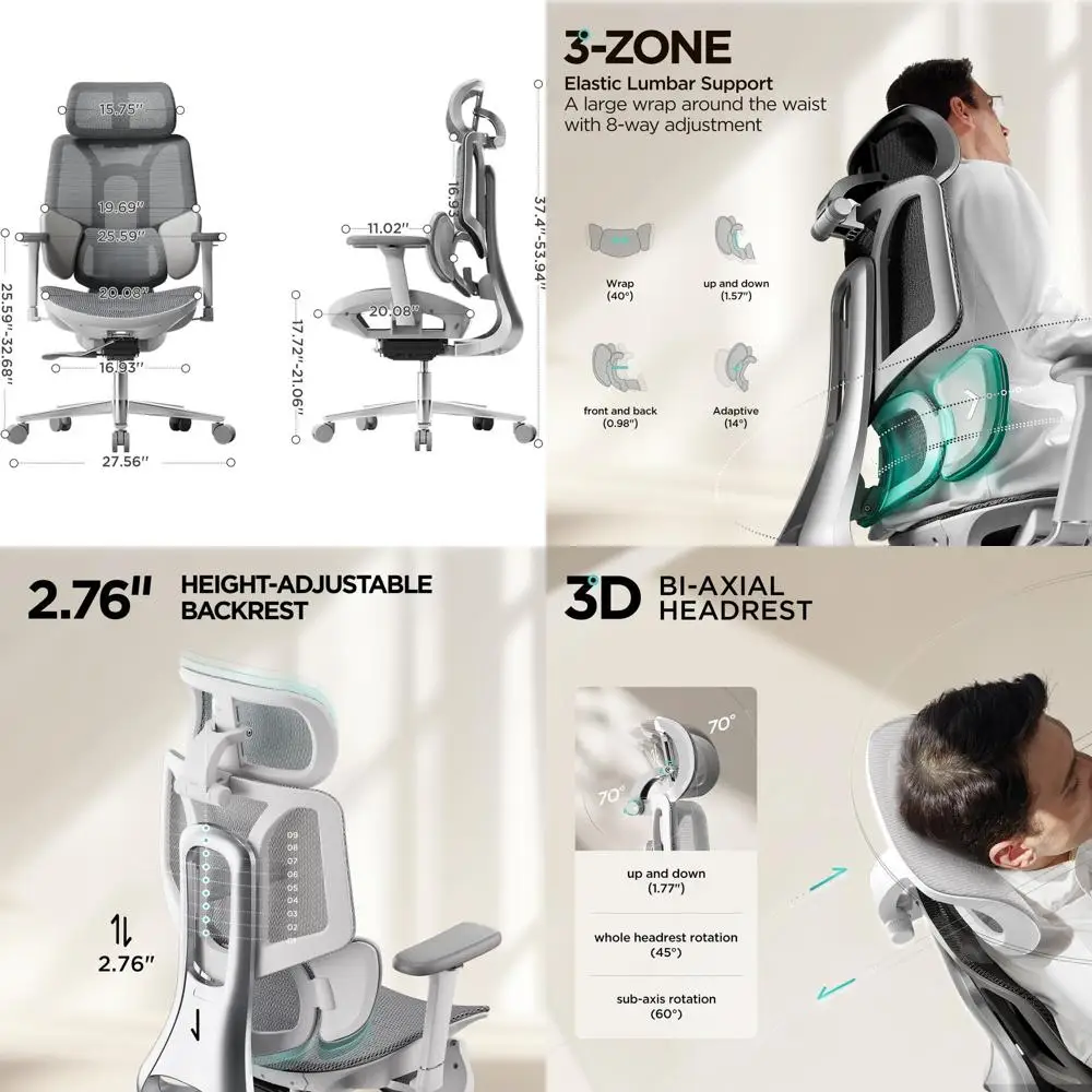 

Ergonomic Office Chair for Big and Tall - 3-Zone Lumbar Support, Adjustable Armrests, Swivel, Grey (No Footrest)