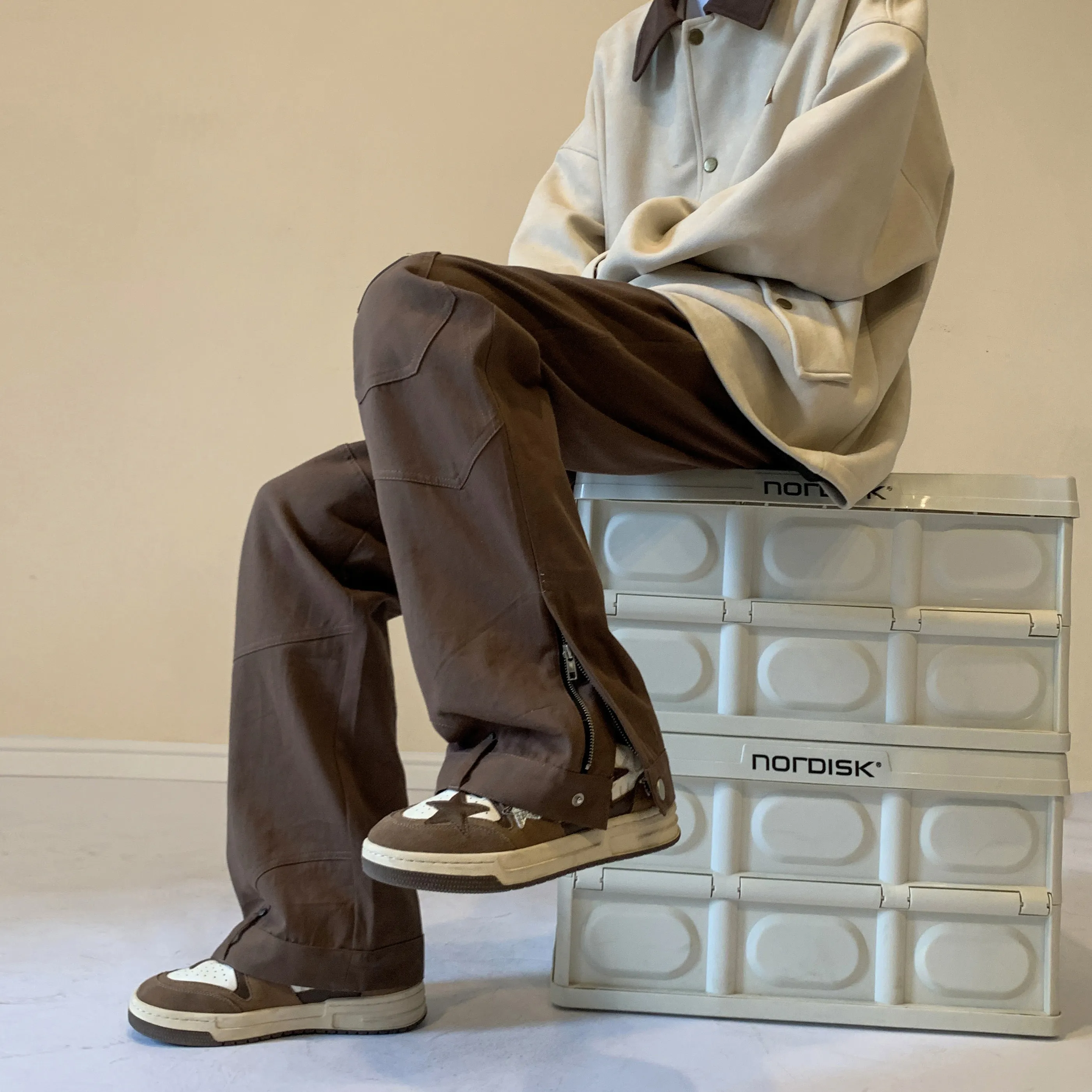 

Мужские рабочие брюки в американском ретро-стиле, весенне-осенние, с молниями, повседневные, модные, прямого кроя, средней длины, со средней посадкой на талии