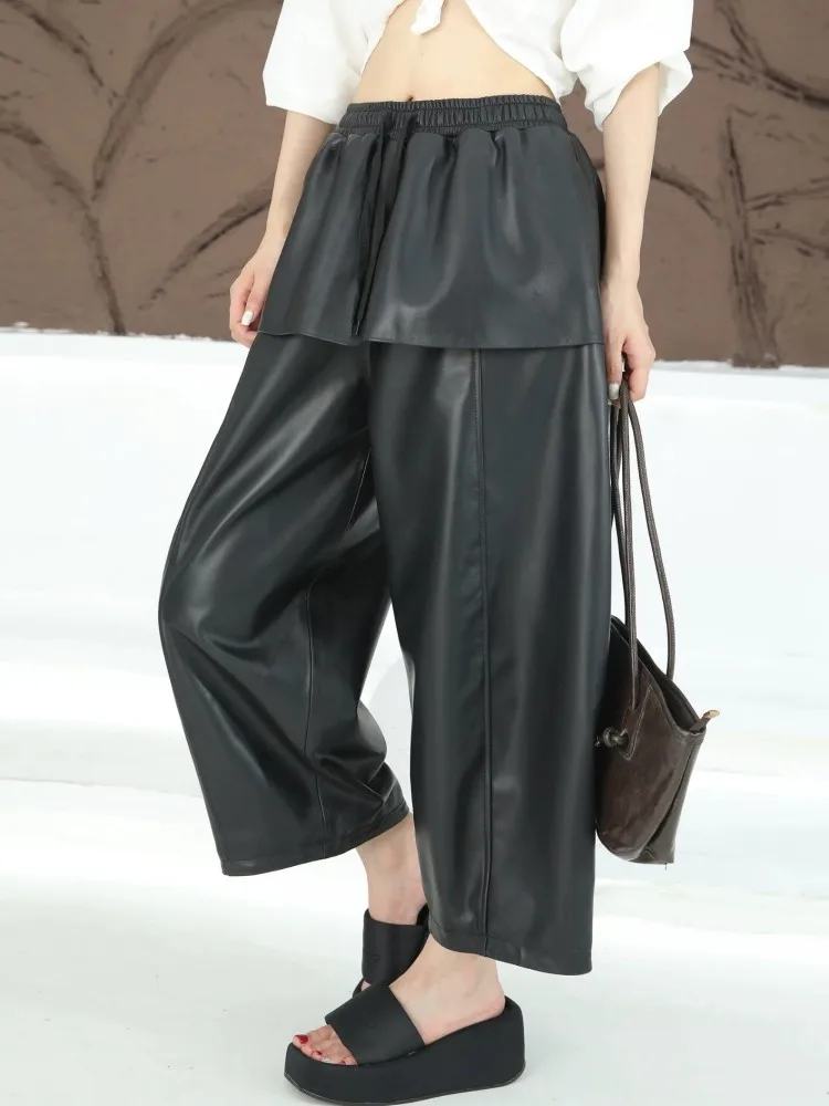 Women Fashion New Fake Two Piece Skirt Pants Elasitc High Waist Wide Leg Ankle Length Trousers Loose Fit Casual Sheepskin Pants