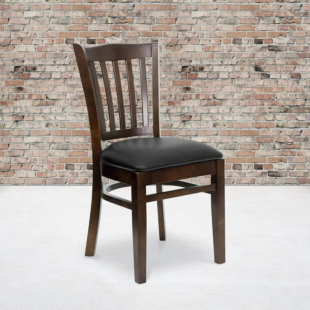 

2 Pack Walnut Wood Restaurant Chairs with Black Vinyl Seats - Slat Back Design