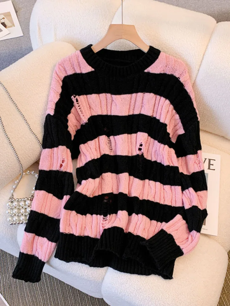 

Soft Pink Striped Hole Pull Sweater Women Autumn Winter Loose Japanese Style Vintage Oversize Jumpers Chic Midi Knitwear Tops