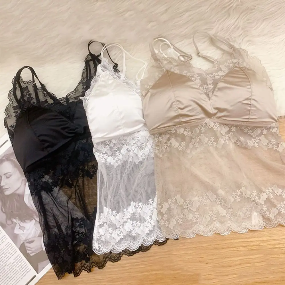 Camisola de encaje transparente de malla dulce, Tops cortos finos de encaje con tirantes, camiseta interior sin mangas, chaleco con tirantes para primavera y verano
